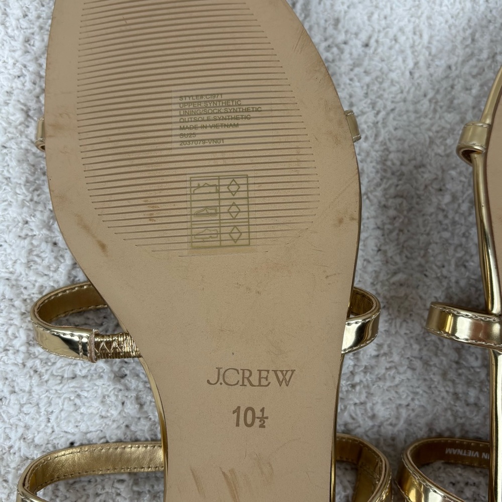 J. Crew Factory Sandals Womens 10.5 Gold Ankle‎ Strap Open Toe Buckle Flats - Picture 11 of 13